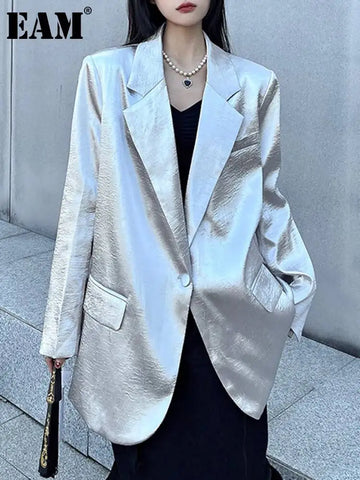 Women Silver Big Size Glossy Sensation Blazer Lapel Long Sleeve Loose Jacket Tide Autumn 31A0901