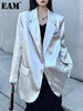 Women Silver Big Size Glossy Sensation Blazer Lapel Long Sleeve Loose Jacket Tide Autumn 31A0901