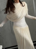 Elegant Shawl Dress Women Classic Basics Ruched O-Neck Full Sleeve Chic Stretch Skinny Party Banquet Activity Outfits