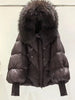 Lagabogy Winter Large Real Fur Hooded Puffer Jacket Women White Duck Down Mid Long Parka Thick Warm Knitted Sleeve Coat
