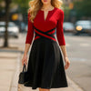 Womens Elegant Front Zipper Work Office A-Line Colorblock Business Casual Party Slim Fit And Flare Church Dress