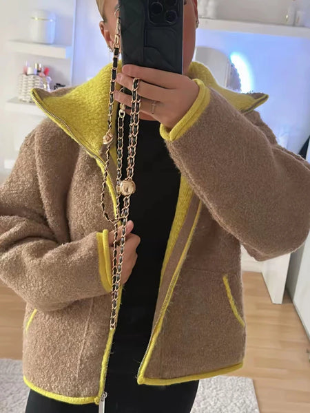 Spring Contrast Knitted Cardigan Jackets For Women Elegant Long Sleeve Pockets Zipper Sweater Street Lady Chic Outwear