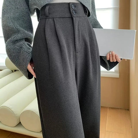 Autumn Winter High Waist Woolen Women's Wide Leg Pants Button Korean Casual Loose Straight Full Length Trousers Female