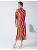 High Collar Long Sleeve Women Dresses Contrast Color Striped Pleated Slim Mid-Calf Elegant Clothing 2DC1022