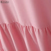 Elegant Chic Womens Tiered Midi Dresses Fabric Flower Detailed O-Neck Short Puff Sleeve Solid Color A-Line Dress Woman