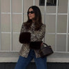 Women Leopard Print Stand Collar Waist Cinched Faux Fur Short Coat Fluffy Cuff Outerwear Winter Ladies Warm Furry Jacket