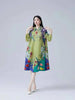 Printting Women's Pleated Dress Turn Down Collar Single Breasted Elastic Loose Long Sleeve Dresses 2DB8280