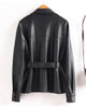 Women Split Leather Blazer With Slim Waist Belt Spring Autumn Notched Collar Loose Leather Jacket Female Coat