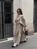 Khaki Lace Up Cape Trench Coat Loose Solid Full Sleeve Lapel Windbreaker Autumn Commute Casual Daily Coats