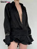 Tierred Dress Woman Autumn See-Through Solid Turn-Down Collar Shirt Ruffles Chic Long-Sleeve Chiffon Bodycon