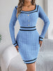 Autumn Winter Casual Elegant Square Collar Button Decoration Knitted Dress Long Sleeve Bodycon Dress for Women
