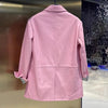 European American Streetwear Leather Jacket For Women Chic Loose Fit Suit Coat Female Flip Pocket Two Bottons White Blazer Mujer