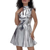 Women Metallic Shiny Dress Holographic Solid Color Turtleneck Pleated Dress Carnival Costume Gold Silver Rave Dress Outfits