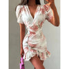 Women Sexy Flora Painted Ruffle Slim Dress Chic Deep V-neck Double Layered Ruffled Hem Dresses Lady Daily Party Gowns