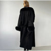 Retro Black Fur Patchwork Woolen Coat Women Chic Full Sleeve V-neck Lace Up Loose Long Overcoat Lady Winter Commute Outwear