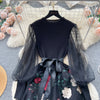 Senior Knitted Patchwork Dress Long Lantern Sleeves Bow Mesh Embroidery Floral Women Autumn France Elegant Party Dress