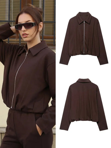 Women Long Sleeve Autumn Outwear Lapel Zipper Pleated Loose Brown Jacket Female Graduation Season Coats
