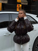 Women High Stand Collar Solid Puffer Jacket Elastic Cinched Waist Peplum Hem Zip Back Thick Padded Coat Warm Winter Street Coats