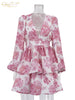Sexy Loose Print Women's Dress V-Neck Puff Sleeve Mini Dresses Elegant Classic High Waist Pleated Female Dress