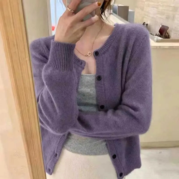 Long Sleeve Knitted Cardigan Women Sweater Elegant Winter Casual Simple Knitted Jackets O Neck Loose Round Neck Tops