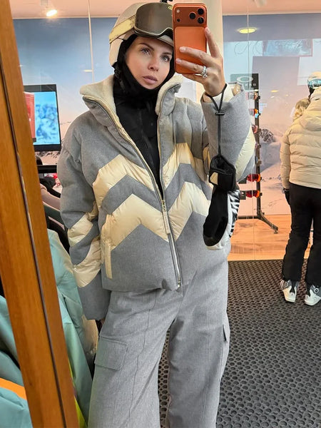 Women Color Block Spliced Ski Set Fleece Lined Stand Collar Zip Jacket Multi‑Pocket Wide Leg Trousers Winter Outfit