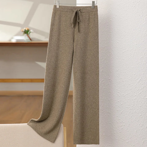 100% Merino Wool High Waist Knitted Pants Female Korean Wide Leg Pants Autumn and Winter Wool Pants Solid Color Casual Pants