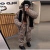 Print Hooded Puffer Coat Set Women Quilted High Neck Full Sleeve Zip Pockets Jacket Wide Leg Pants Winter Warm Sets