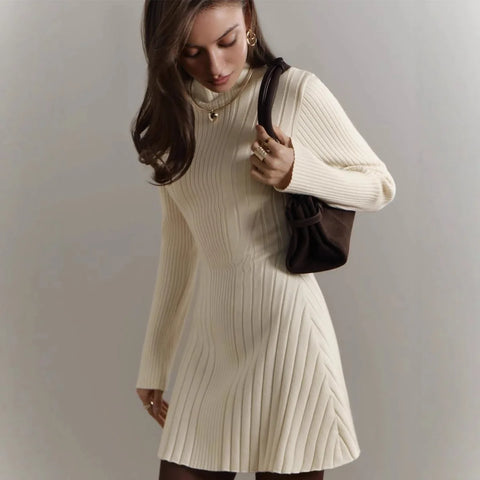 Autumn Knitting Dress Women's Spring Knitted Dress Long Sleeve Semi-High Neck A Line Skirt For An Elegant And Playful Look