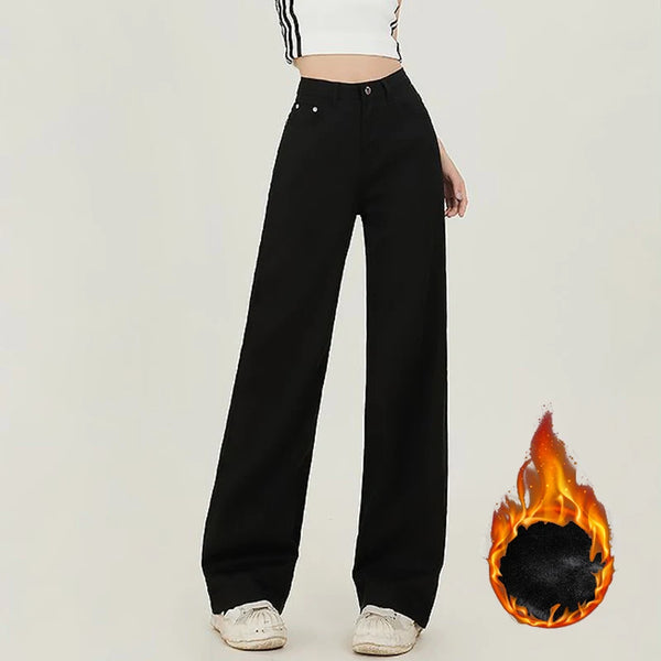 Winter Girls Fleece Thermal High Waist Jeans Female Snow Warm Plush Denim Pants Lady Casual Daily Straight Leg Trousers