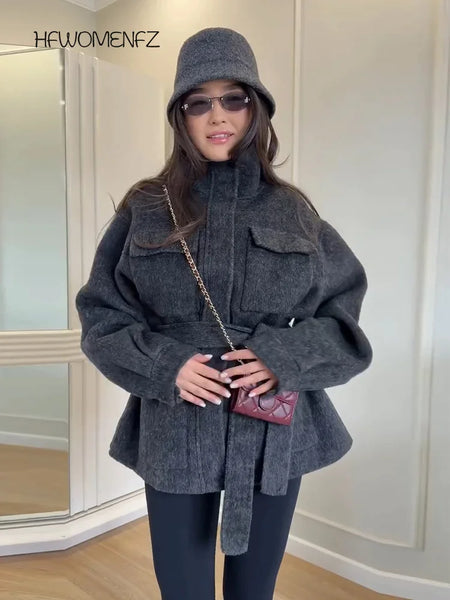 Casual Solid Woolen Loose Coats Women Belt Stand Collar Full Sleeve Zippers Lace Up Coat Female Autumn Lady Outwears