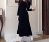 Women Dress Spring Autumn Square Collar Long Sleeve Velvet Patchwork Lace Cinched Waist Elegant Temperament Long Dress