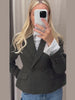 Cinched Waist Cropped Double Breasted Lapel Long Sleeve Side Pockets Slim Blazer Women Autumn Formal Commute Coat