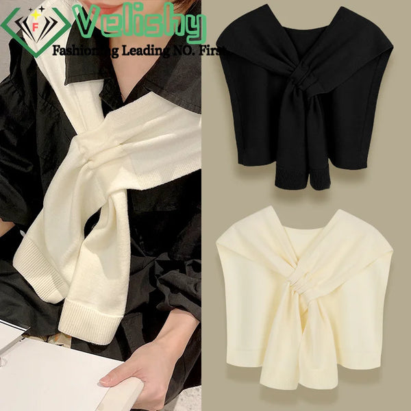 Korean Neck Guard Scarve Solid Color Woman's Knitted Cross Shawl Blouse Shoulders Fake Collar Cape Knotted Scarf