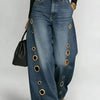 Women's High Waist Wide Leg Jeans Denim Gold Eyelet Cutout Decor Loose Fit Streetwear Casual Y2K Denim Trousers with Pockets