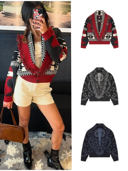 Fringe V-Neck Waist-Cinched Cardigan Open-Front Ribbed Cuff Autumn Causal Ethnic-Style Women Knit Top Vintage Lady Coat