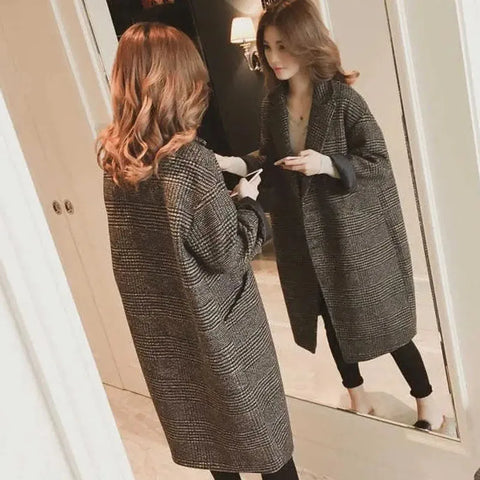 Autumn Winter Ladies Thousand Bird Grid Coat Korean Femme Over The Knee Wool Blend Outwear Women Woolen Tops Jacket
