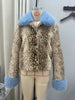 Deer Print Faux Fur Cropped Jacket Women Blue Contrast Lapel Cuff Button Up Fluffy Warm Coat Winter Casual Street Outwear