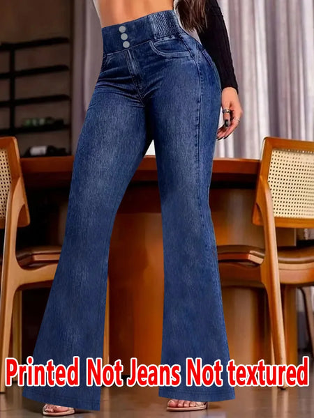 8160 Ladies Non-Leather Bell Bottom Pants Floral Print Denim Look Spring Autumn Winter Wearable Ladies Long Trousers