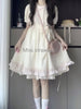 Japanese Sweet Lovely Bow Apricot Dress Set Women Kawaii Lace Puff Sleeve Dresses Vintage Chic Pink Knit Cardigan