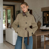 Women Cropped Trench Coat Faux Leather Spliced Epaulets Belted Waist Loose Fit Khaki Short Jacket Vintage Ladies Outerwear