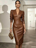European American Women Deep V Puff Shoulder Faux Leather Midi Dress Long Sleeve Cinched Waist Bodycon Dress