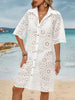 Women's 100% Cotton Collared Shirt Dress with Cut-Out Floral Embroidery