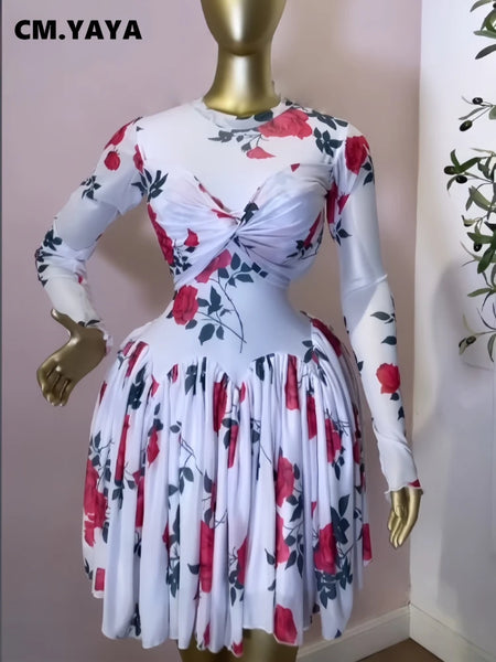 Women Floral Print Draped Sweet O-neck Long Sleeve big swing Mini Dress Birthday Party Evening Street Dresses