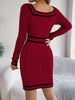 Autumn Winter Casual Elegant Square Collar Button Decoration Knitted Dress Long Sleeve Bodycon Dress for Women