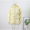 Women's Floral Print Hooded Puffer Jacket with Bow Decor Cute Oversized Winter Warm Coat Loose Casual Feminine Outerwear