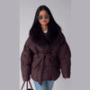 Thichen Winter Padded Coat Women Faux Fur Collar Belted Waist Tie Loose Oversized Quilted Jacket Warm Outerwear Daily Streetwear