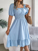 Solid Puff Sleeve Square Neck Ruched Bust Ruffle Hem Wasit Dress, Women's Clothing