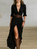 Vintage Solid Single Breasted Slit Long Dresses Women Lapel Belted Slim Pleated Long Sleeve Bohemian Irregular Maxi Dress
