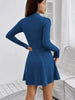 Women's Slim Fit Half High Collar Waist Cinched A-Line Skirt Long Sleeved Pit Stripe Dress