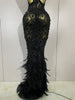 Sparkly Red Rhinestones Feather Sexy Mesh See Through Long Dress Women Birthday Evening Nightclub DJ Dancer Stage Costume